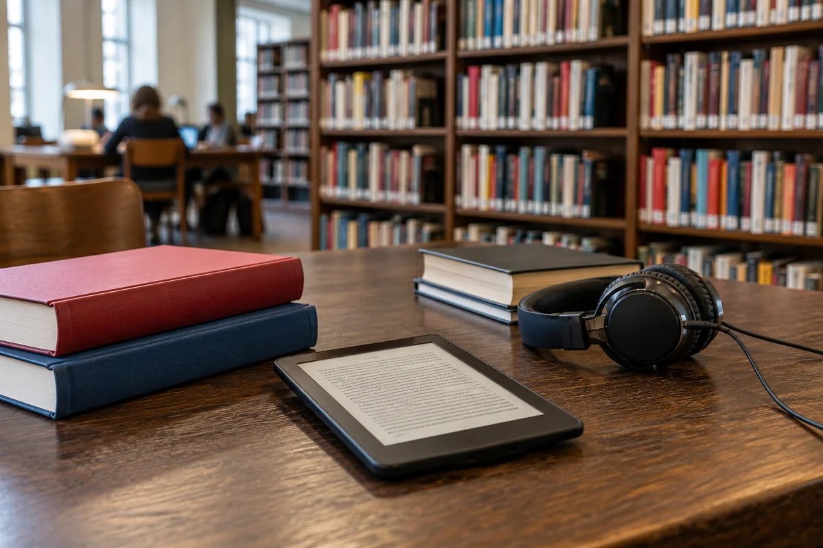 E-bogslæser, bøger og hovedtelefoner på et biblioteksbord