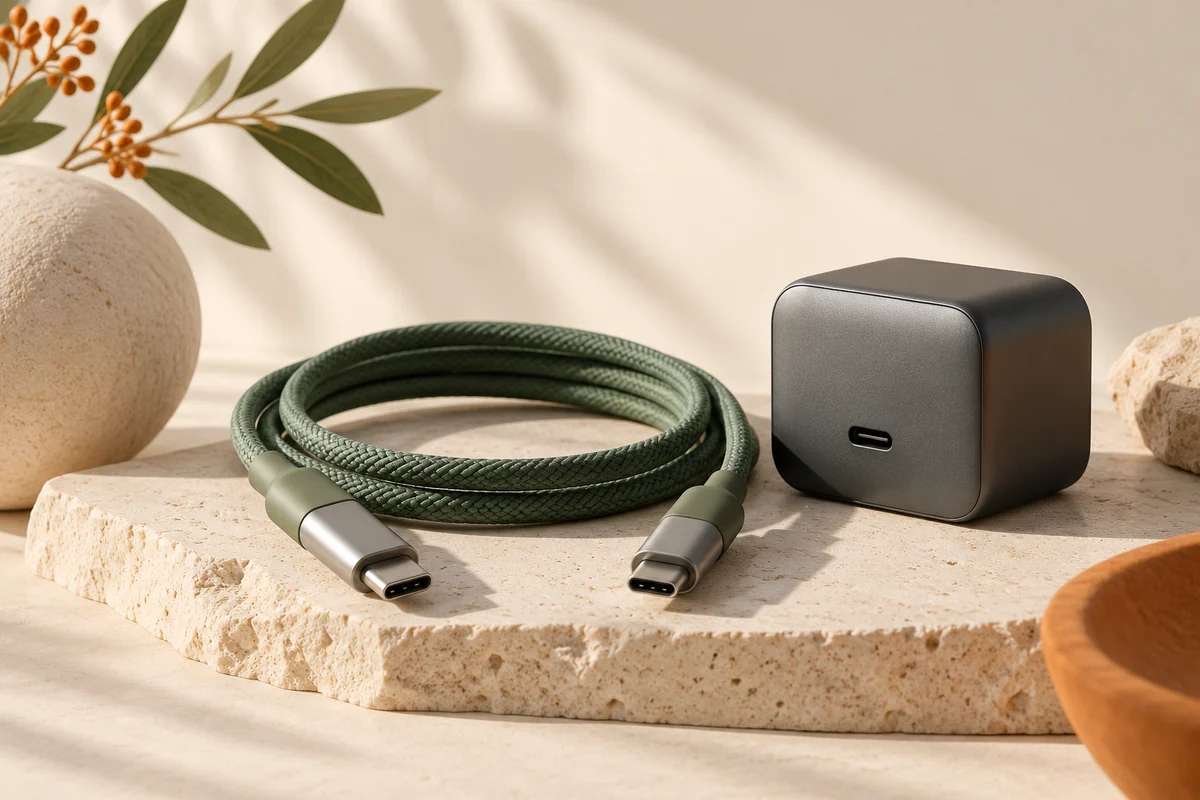 Illustration af et USB-C-kabel og en kompakt oplader