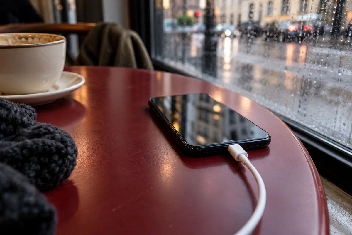 Telefon med hvidt USB-C-kabel på et rødt cafébord