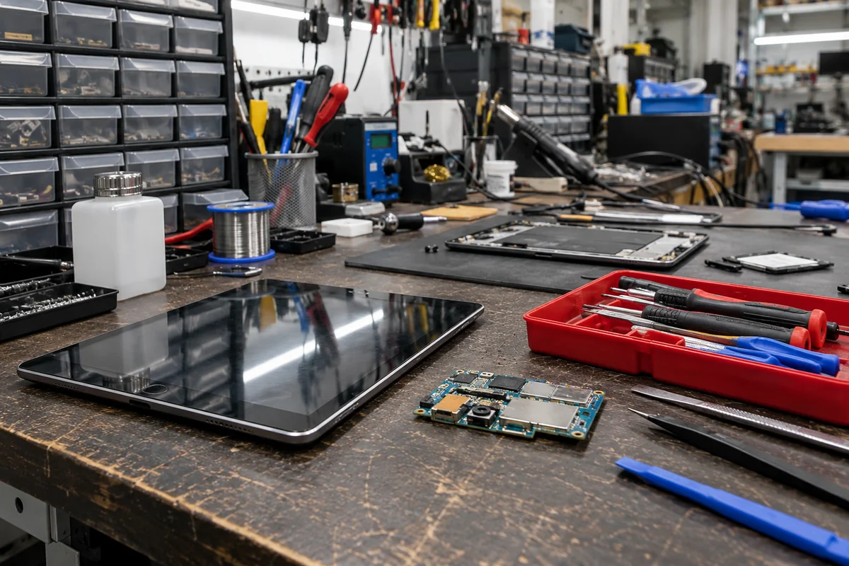 Tablet og elektronik på et arbejdsbord med reparationsværktøj