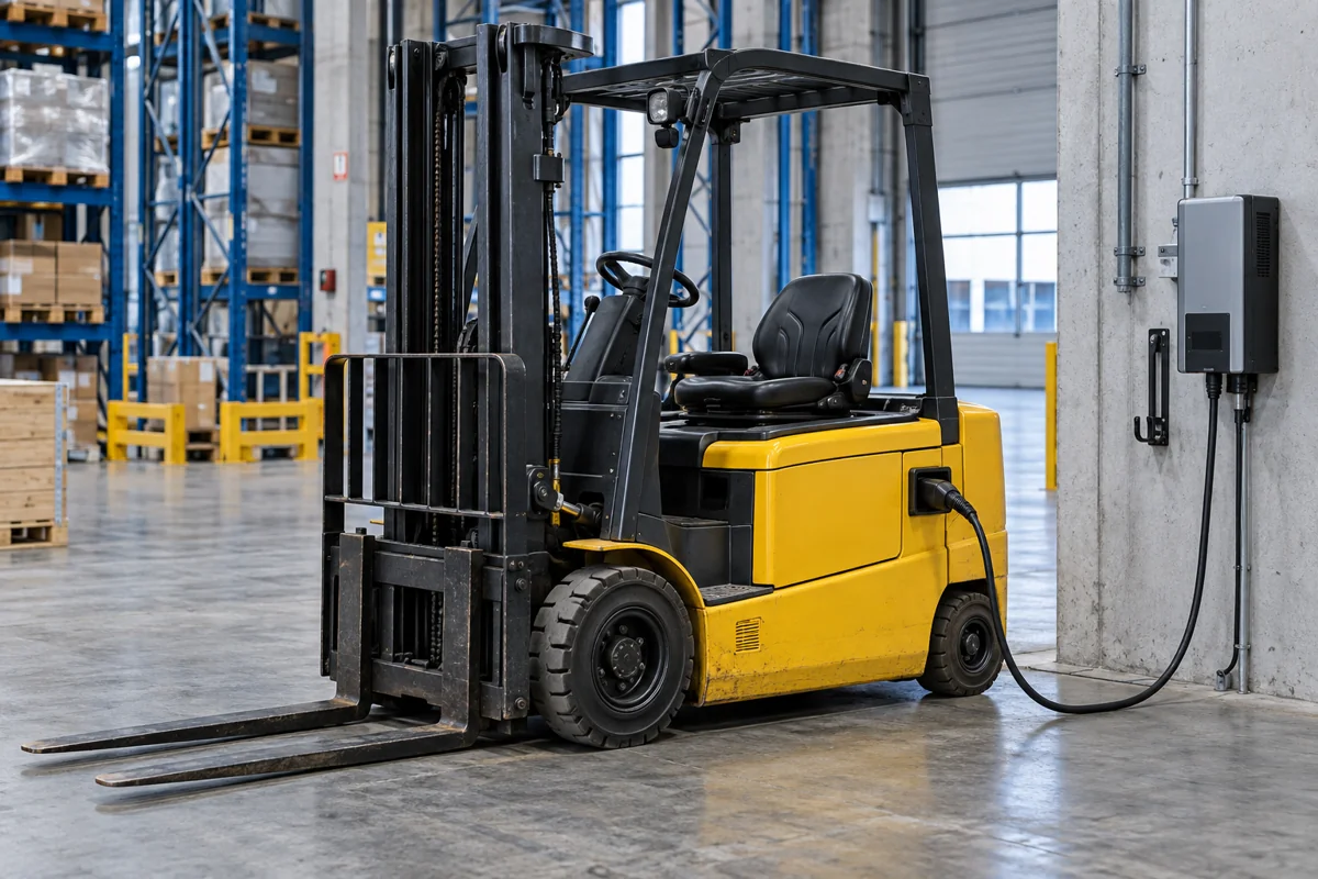 Generisk gul elektrisk truck i et lager med blå reoler