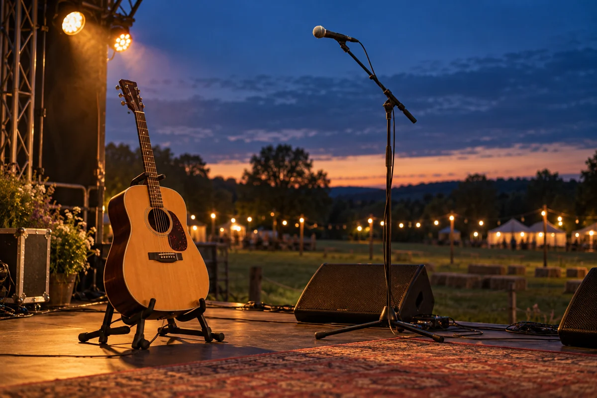Akustisk guitar og mikrofon på en generisk udendørs scene i skumringen