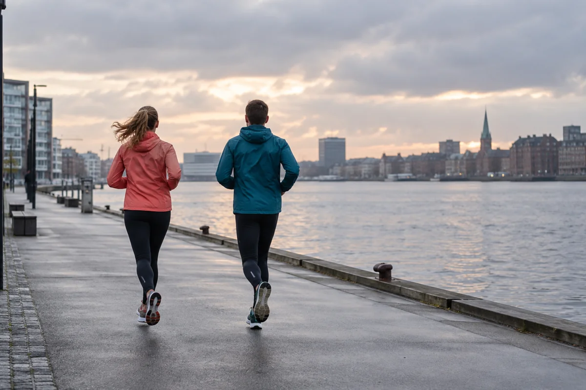To motionsløbere set bagfra på en generisk sti ved havnen