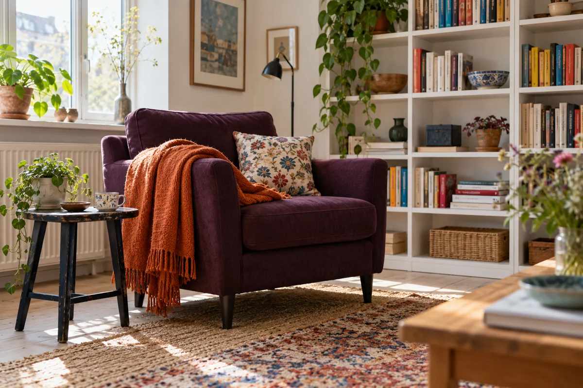 Generisk stue med lilla lænestol, hvid bogreol og orange tæppe
