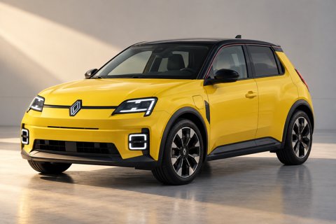 Gul Renault 5 E-Tech electric med sort tag i et lyst studie.