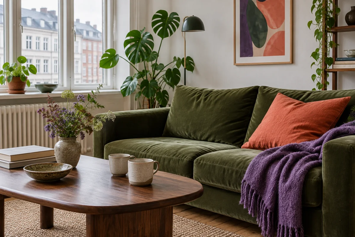 Generisk stue med grøn sofa, orange pude og lilla tæppe