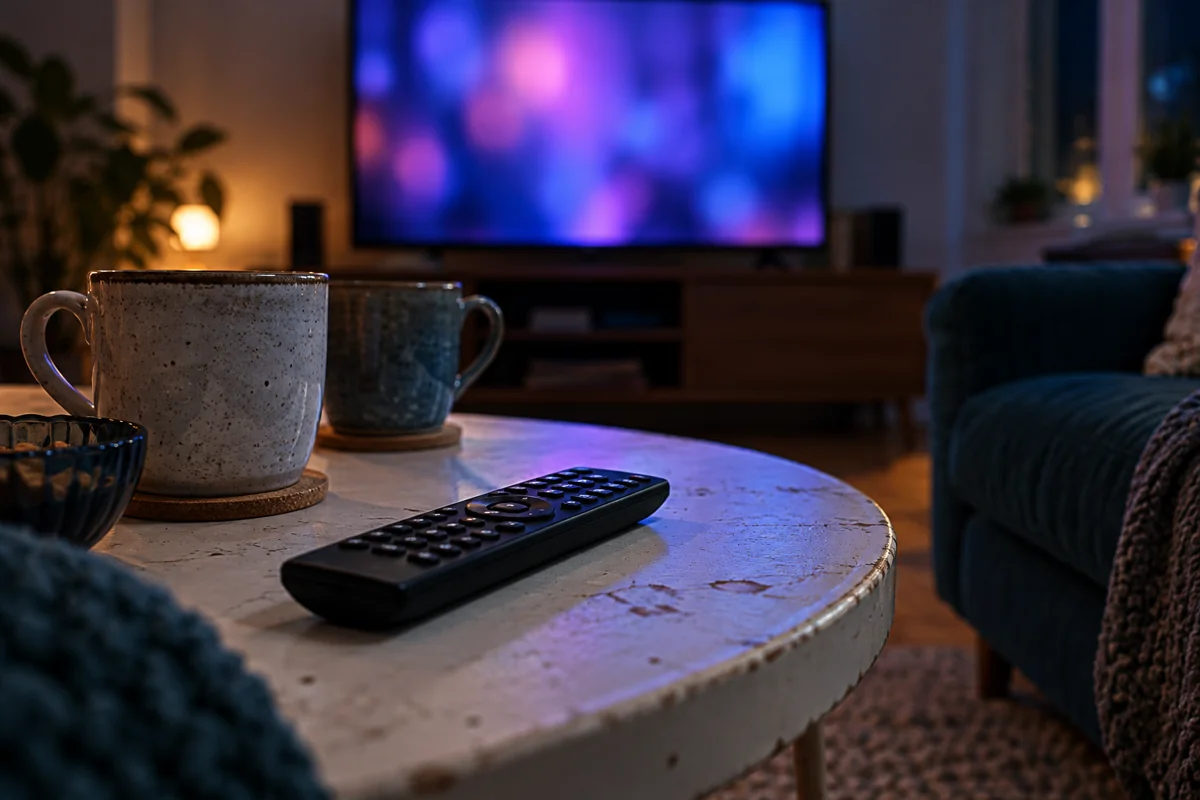 Fjernbetjening og to krus foran en sløret tv-skærm i en stue