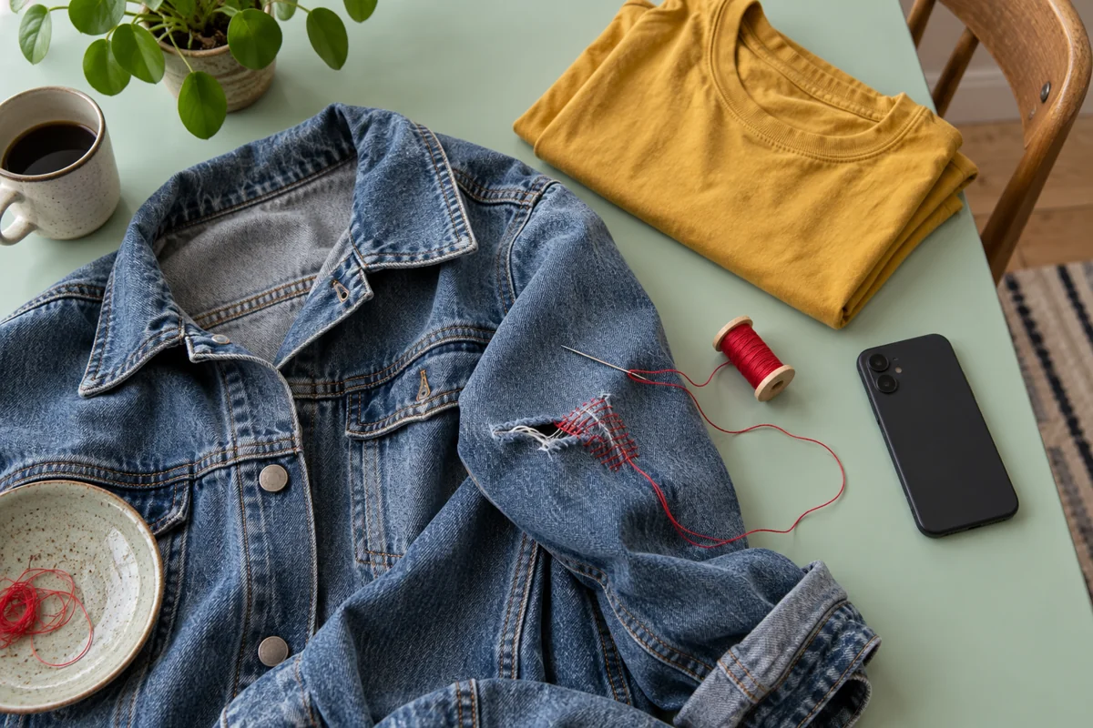 Denimjakke, sytråd og en gul T-shirt på et mintfarvet bord